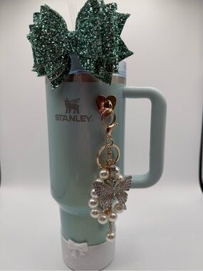 Stanley Mint Green tumbler with Butterfly Pearl Bag Charm Keychain